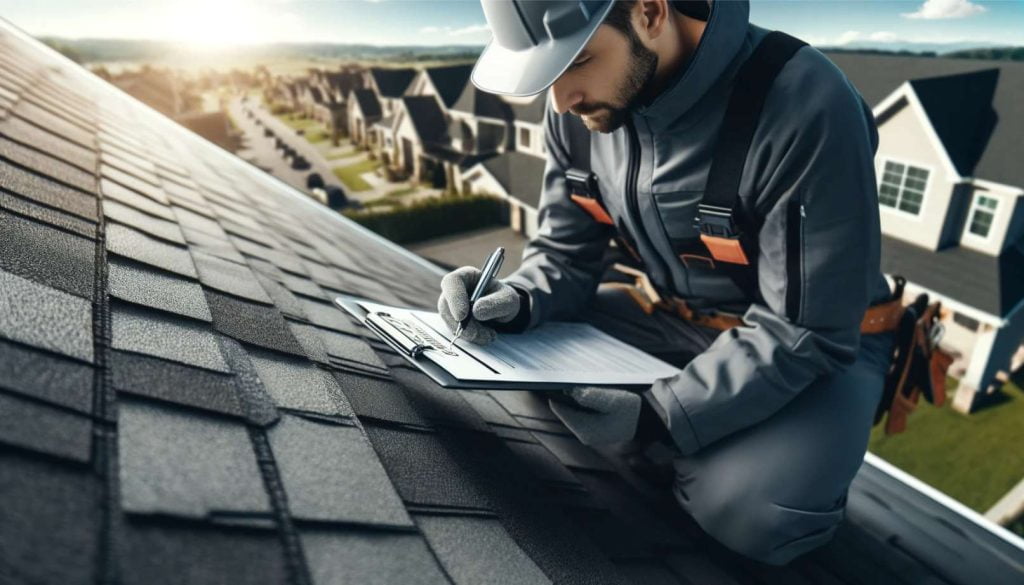 Inspector examining roof shingles with a clipboard in hand 1024x585 1